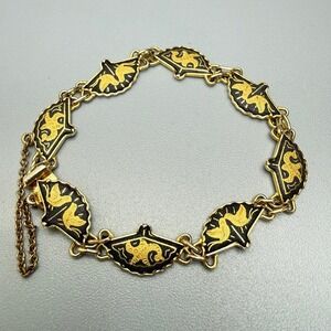 Vintage Damascene Fan Link Bracelet with Safety Chain 7" Birds Starfish